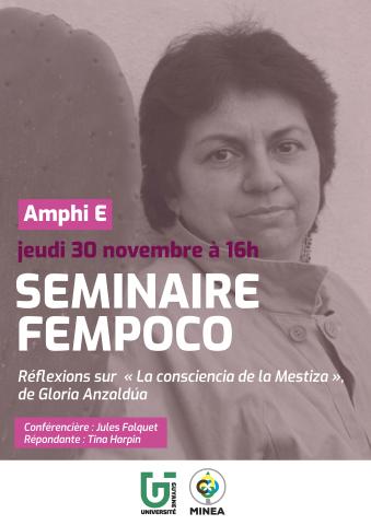 Affiche de la séance du séminaire FEMPOCO avec une photo en noir et blanc de l'autrice concernée par la séance