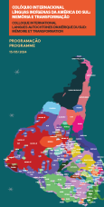 Affiche de l'événement représentant une carte de l'Amérique latine à l'envers, où sont représentés les lieux où sont parlées les langues autochtones par diverses couleurs