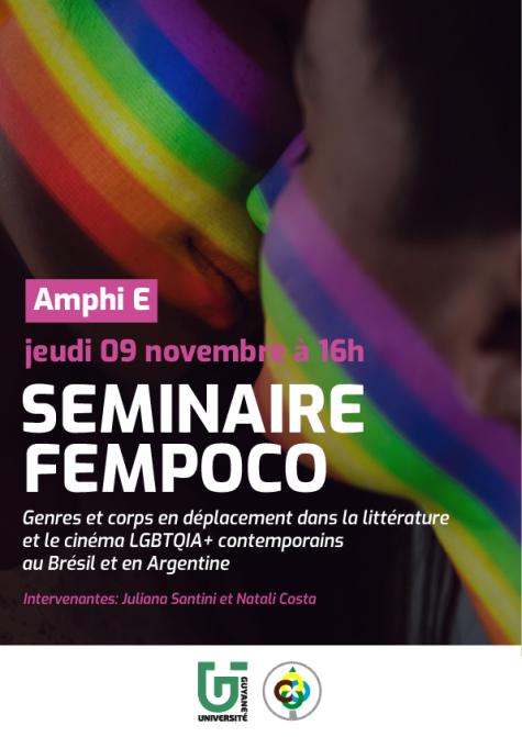 Affiche de la séance Littérature et cinéma LGBTQIA+ au Brésil et en Argentine : genre et corps en déplacement… du séminaire FEMPOCO
